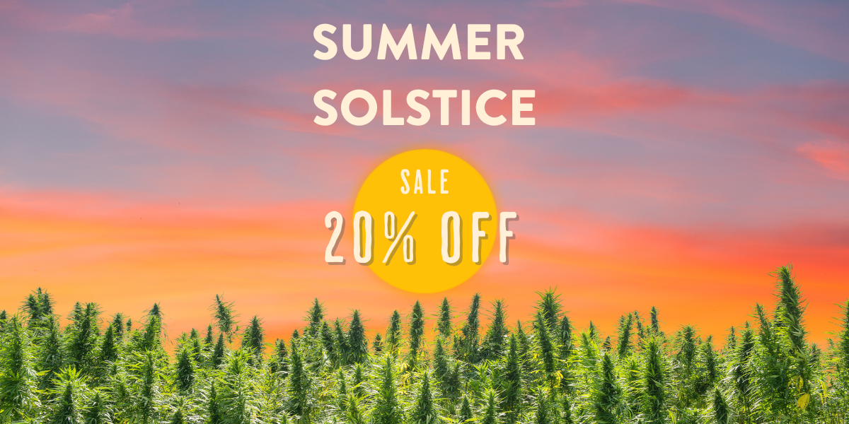 An illustrated summer sunset over a field of cannabis with the text "Summer Solstice Sale 20% Off"