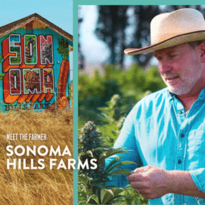 Side by side images of a barn with painted Sonoma next to a picture of Aaron in profile holding plants with text Meet the Farmer Sonoma Hills farm