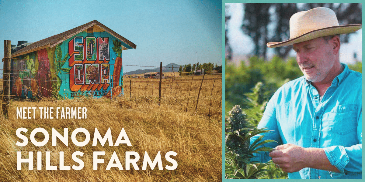 Side by side images of a barn with painted Sonoma next to a picture of Aaron in profile holding plants with text Meet the Farmer Sonoma Hills farm