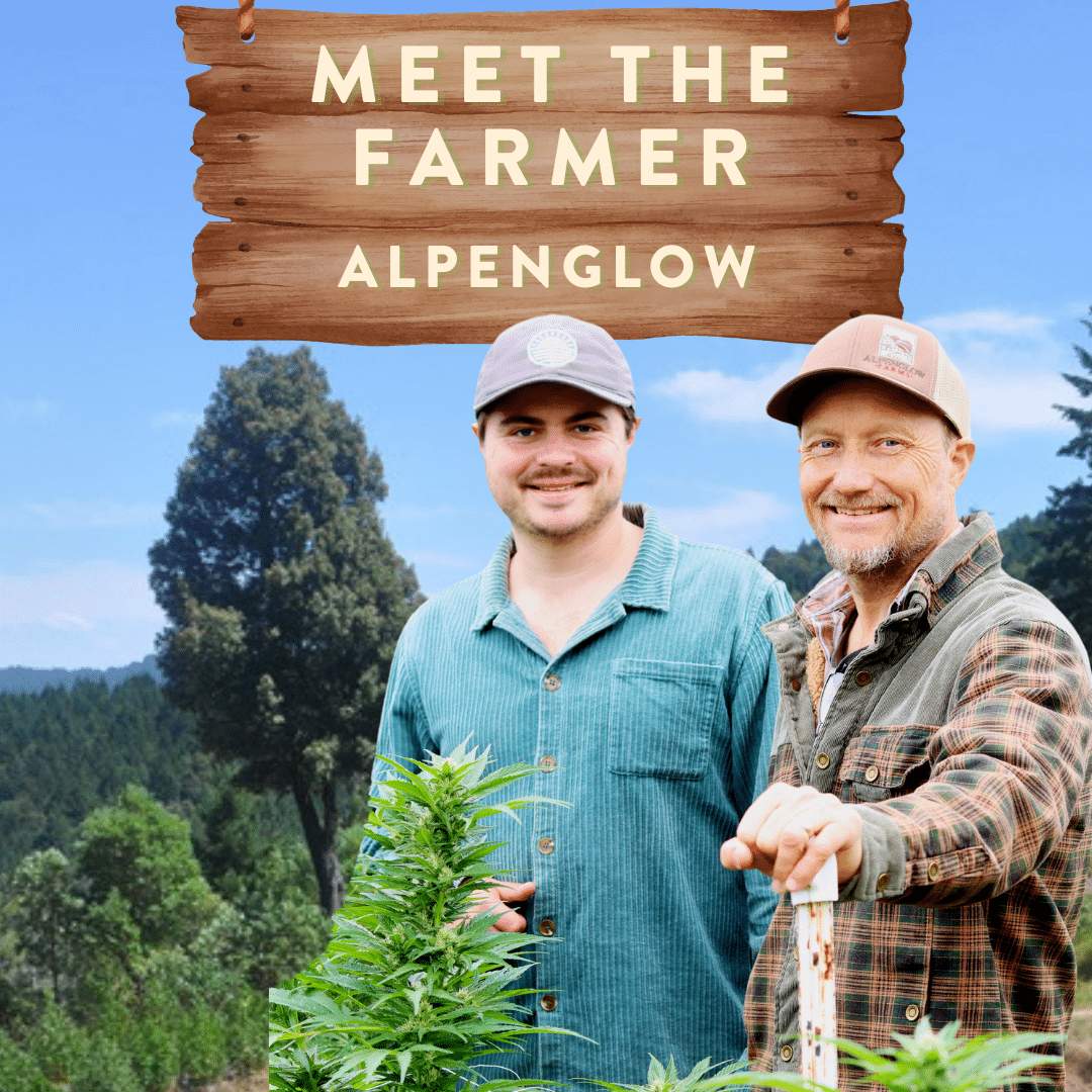 Meet the Farmer with Eli and Craig from Alpenglow Farms facing the camera, in front of a farm background