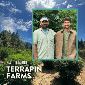 Small inset photo of Michael and Sky from terrapin farms against a background of a larger photo from their farm. Text reads meet the farmer terrapin farms