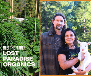 Lost Paradise Organics Meet the Farmer Yeins and Josh hold a lamb and stand in front of their farm