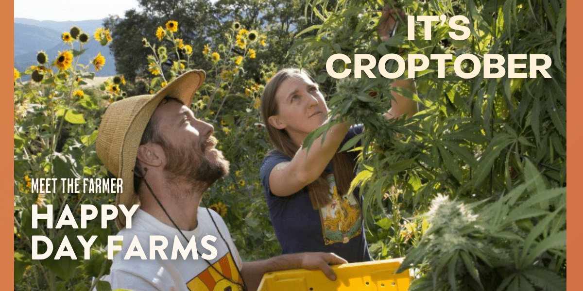 Farmers Casey and Lito tend their plants. Text reads It's Croptober Meet the Farmer Happy Day Farms