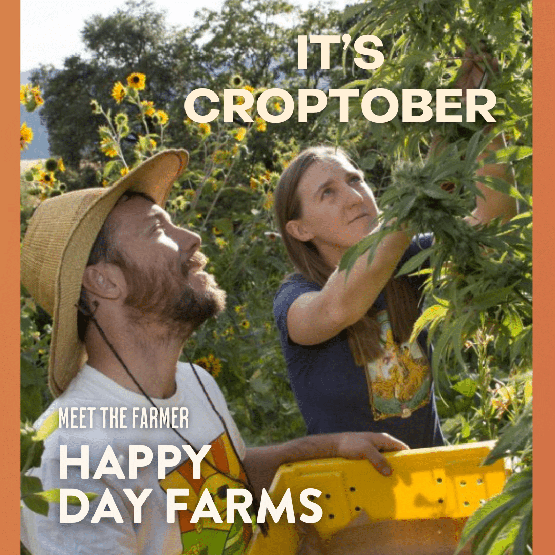 Farmers Casey and Lito tend their plants, text reads: It's Croptober, Meet the Farmer, Happy Day Farms