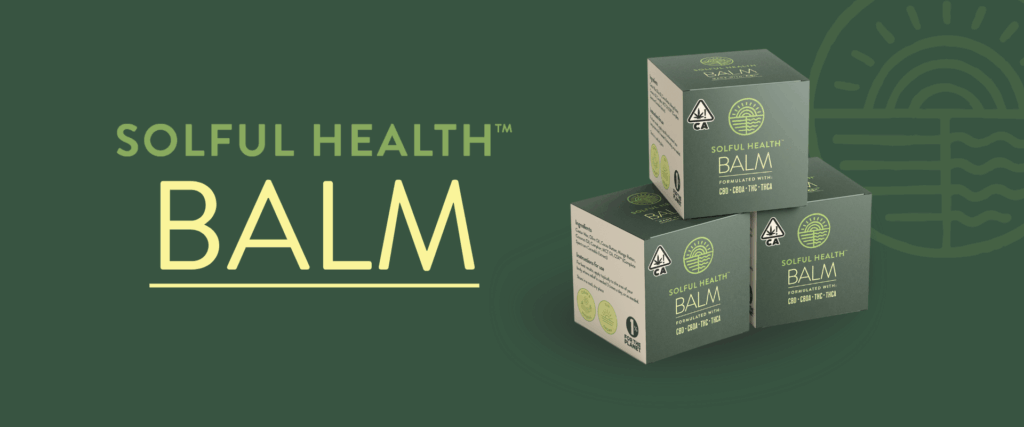green background with light green text thay says solful health balm. image of three square balm packages stacked in a pyramid and a light solful logo behind them